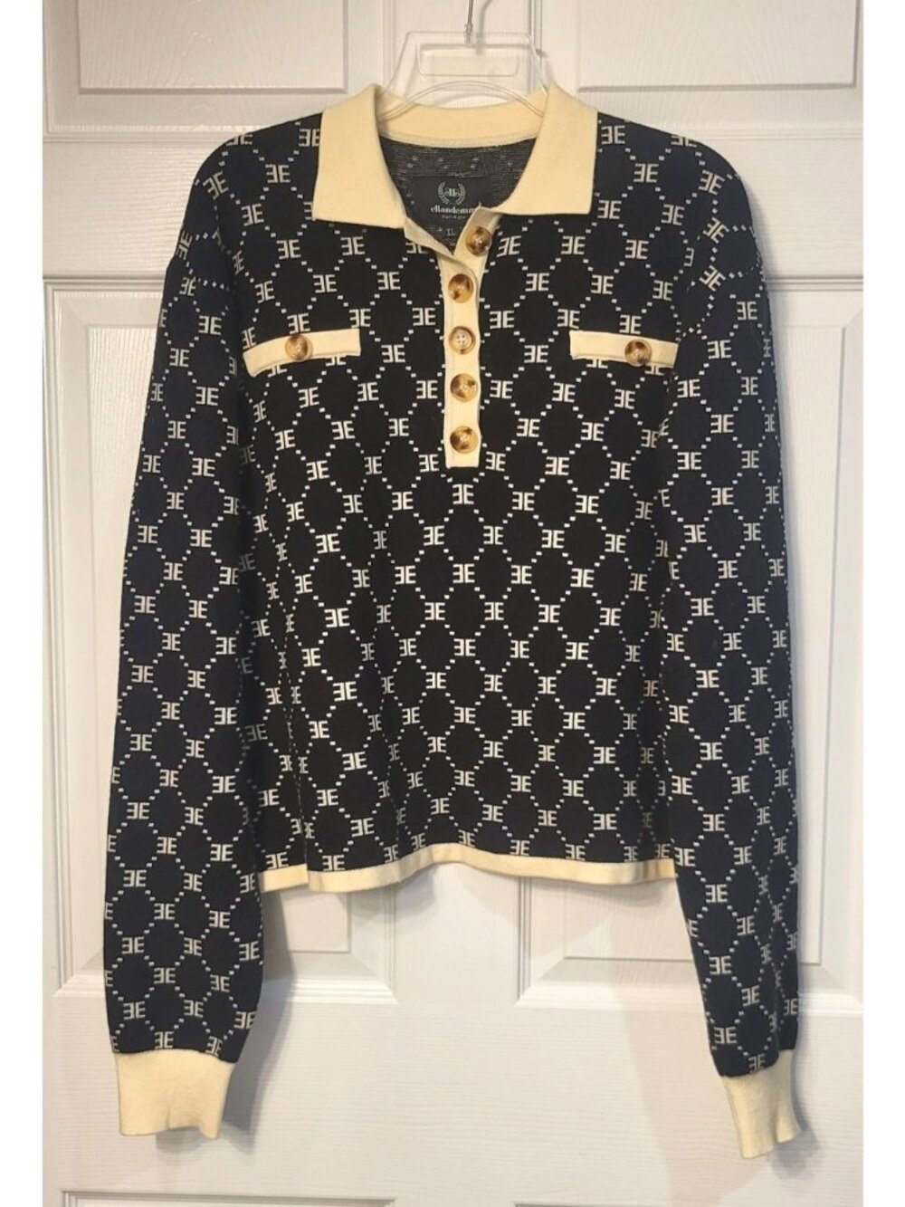 Ell and Emm Monogram Knit Black/Ivory Sweater 1/4 Button Placket Buttons Casual